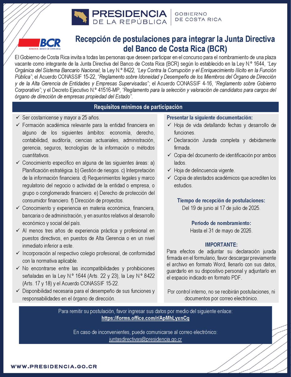 El Gobierno de la República de Costa Rica invita a participar en el concurso de una plaza vacante para integrar la Junta Directiva del Banco de Costa Rica (BCR).