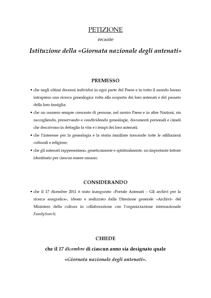 Il testo della 𝐩𝐞𝐭𝐢𝐳𝐢𝐨𝐧𝐞 presentata alla 𝑪𝒂𝒎𝒆𝒓𝒂 𝒅𝒆𝒊 𝒅𝒆𝒑𝒖𝒕𝒂𝒕𝒊 e recante «𝐈𝐬𝐭𝐢𝐭𝐮𝐳𝐢𝐨𝐧𝐞 𝐝𝐞𝐥𝐥𝐚 𝐆𝐢𝐨𝐫𝐧𝐚𝐭𝐚 𝐧𝐚𝐳𝐢𝐨𝐧𝐚𝐥𝐞 𝐝𝐞𝐠𝐥𝐢 𝐚𝐧𝐭𝐞𝐧𝐚𝐭𝐢».

Per firmare: petizionionline.camera.it/petizioni

#petizione #antenati #giornatanazionale