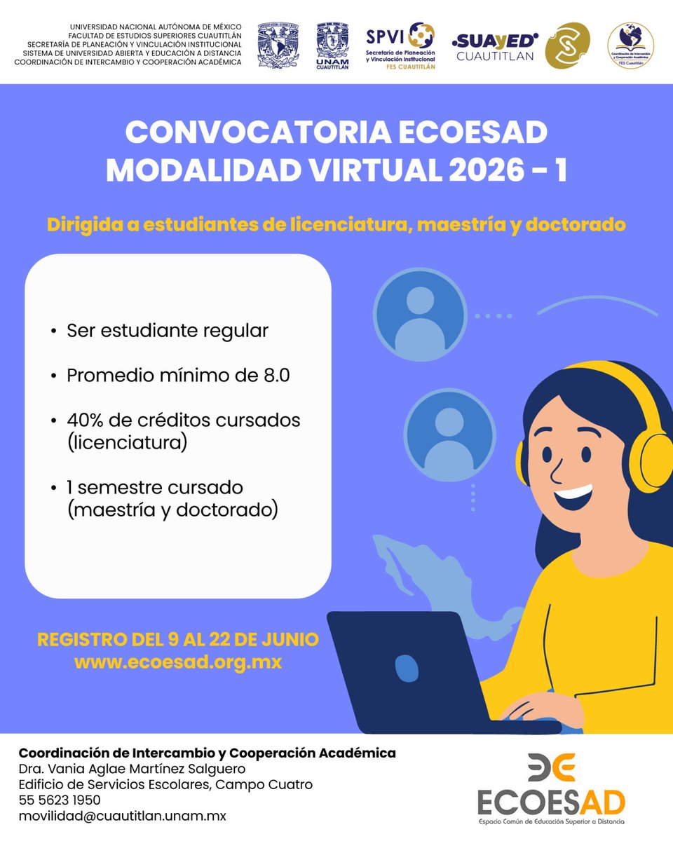 ¿Eres estudiante de licenciatura, maestría o doctorado? Esta convocatoria es para ti.  

¡Participa en la Movilidad Virtual 🌐 ECOESAD 2026-I y vive una experiencia académica nacional desde casa!  

✅ Visita: cuautitlan.unam.mx/convocatorias.…