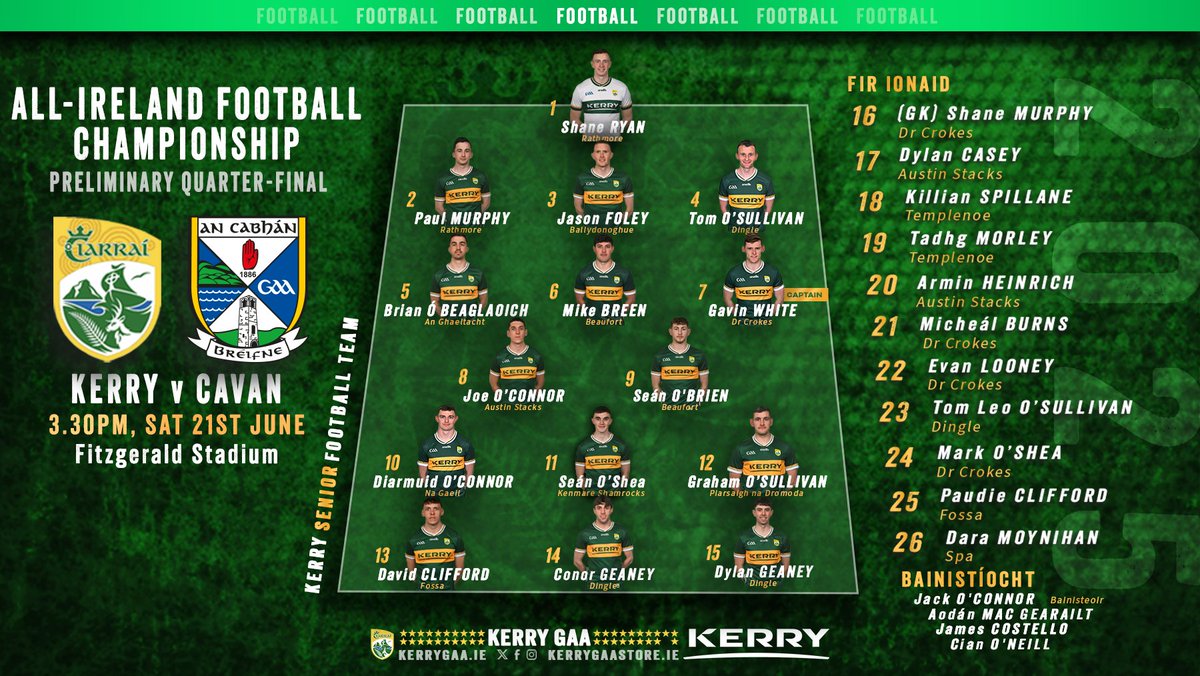 Team Announcement: Kerry vs Cavan, All-Ireland Senior Football Championship Preliminary Quarter-Final

Full team news here: kerrygaa.ie/2025/06/team-a…
 
#WeAreKerry #CiarraíAbú