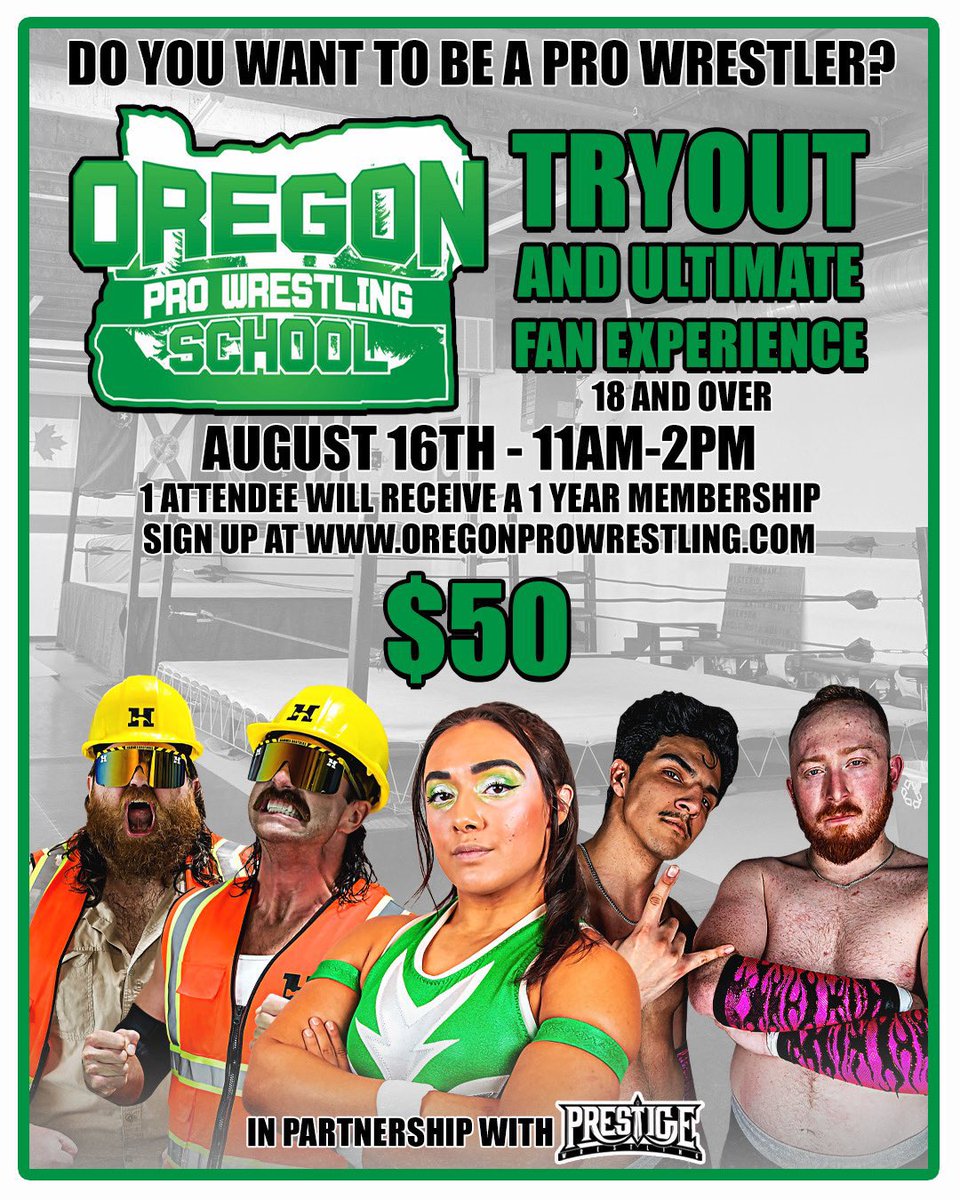 Prestige Wrestling (@wrestleprestige) on Twitter photo Want to earn a FREE YEAR of wrestling training?
Sign up for this tryout/ultimate fan experience at <a href="/ORprowrestling/">OregonProWrestling</a>!
One lucky participant that gives it their all, works the hardest & impresses the coaches will score a free year of training!
Sign up now: oregonprowrestling.com Want to earn a FREE YEAR of wrestling training?
Sign up for this tryout/ultimate fan experience at <a href="/ORprowrestling/">OregonProWrestling</a>!
One lucky participant that gives it their all, works the hardest & impresses the coaches will score a free year of training!
Sign up now: oregonprowrestling.com