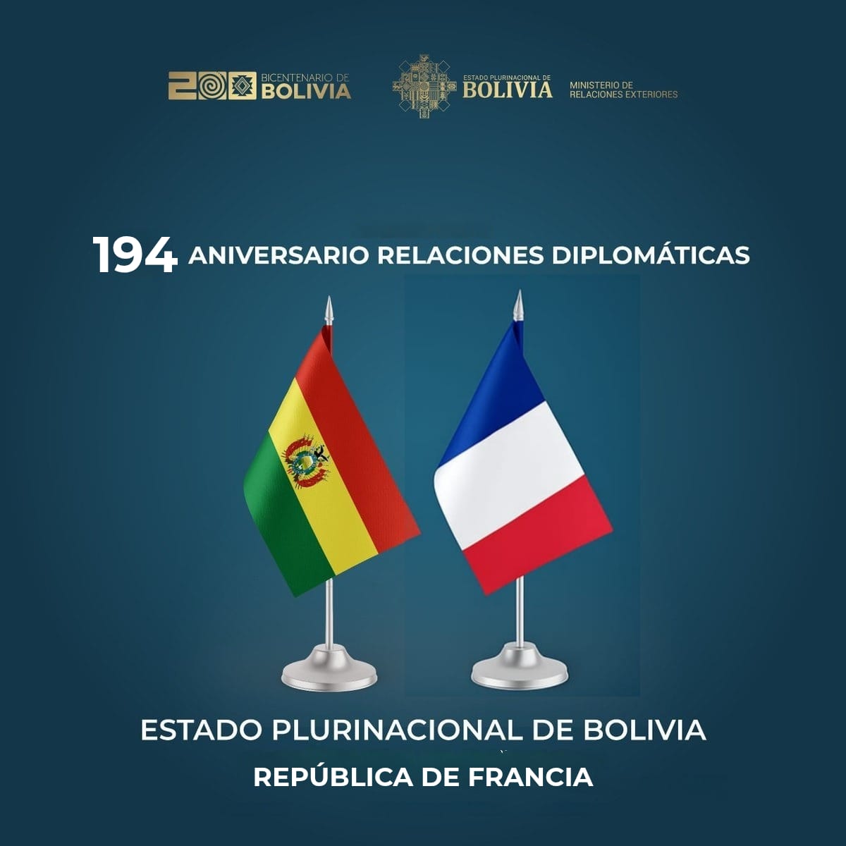 El Estado Plurinacional de Bolivia y la República de Francia conmemoran 194 años del establecimiento de relaciones diplomáticas, vínculo iniciado el 19 de junio de 1831 y sostenido a lo largo del tiempo gracias a la voluntad compartida de fortalecer la amistad, el respeto mutuo.