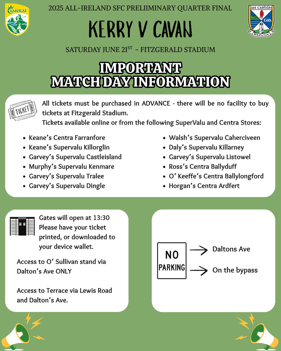 🚨 Important Information ahead of 2025 All-Ireland SFC Preliminary Quarter Final - Kerry V Cavan in Fitzgerald Stadium on Saturday June 21st at 3:30pm.  

Read more here: kerrygaa.ie/2025/06/import…
