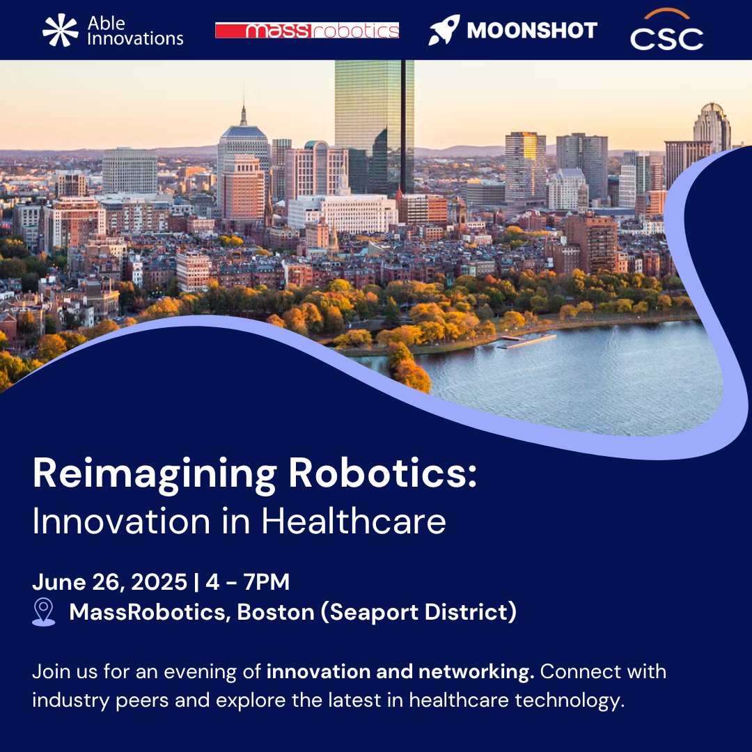 AbleInnovation's tweet image. Join us June 26th in Boston for Reimagining Robotics with @MassRobotics ! See how automation is transforming healthcare, live demos of the ALTA Platform® included.
🎟️ Space is limited: lu.ma/w0ejirv0
✅Sponsors: @CSCLeasing & Moonshot School
#Event #Tech #Robotics