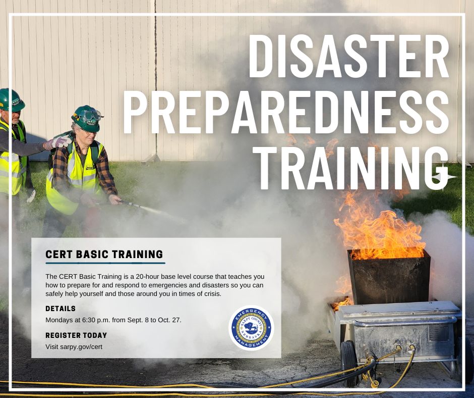 Interested in disaster preparedness training? The Sarpy County Emergency Management Agency is offering a free disaster preparedness training to the public this fall in Bellevue!

Find more information and register at sarpy.gov/CERT