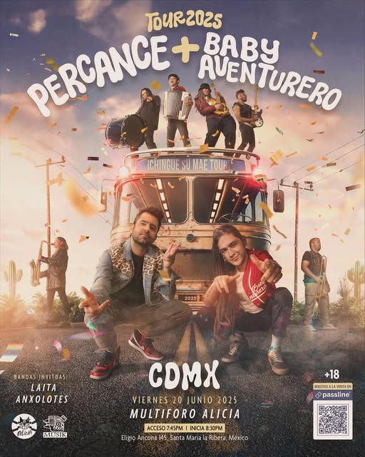 " Chinge Su Mae Tour"
En concierto
<a href="/percance/">Percance</a> 
Baby Aventurero
Laita
Anxolotes
Viernes 20 de junio de 2025, 19;45 Hrs. $300.00
Passline
passline.com/.../percance-b…...
Multiforo Alicia
Eligio Ancona 145
Santa María La Skan