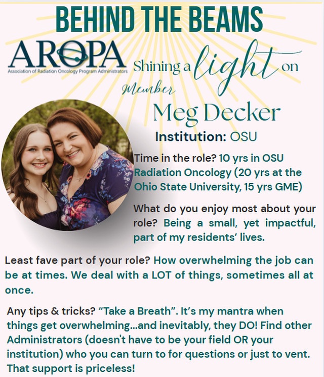 AROPA (@aropa_org) on Twitter photo We are launching ‘Behind the Beams’, a spotlight series on the amazing people behind Residency Programs: Program Administrators! First up: Meg Decker from Ohio State University. Thanks, Meg, for all you do! We are launching ‘Behind the Beams’, a spotlight series on the amazing people behind Residency Programs: Program Administrators! First up: Meg Decker from Ohio State University. Thanks, Meg, for all you do!
