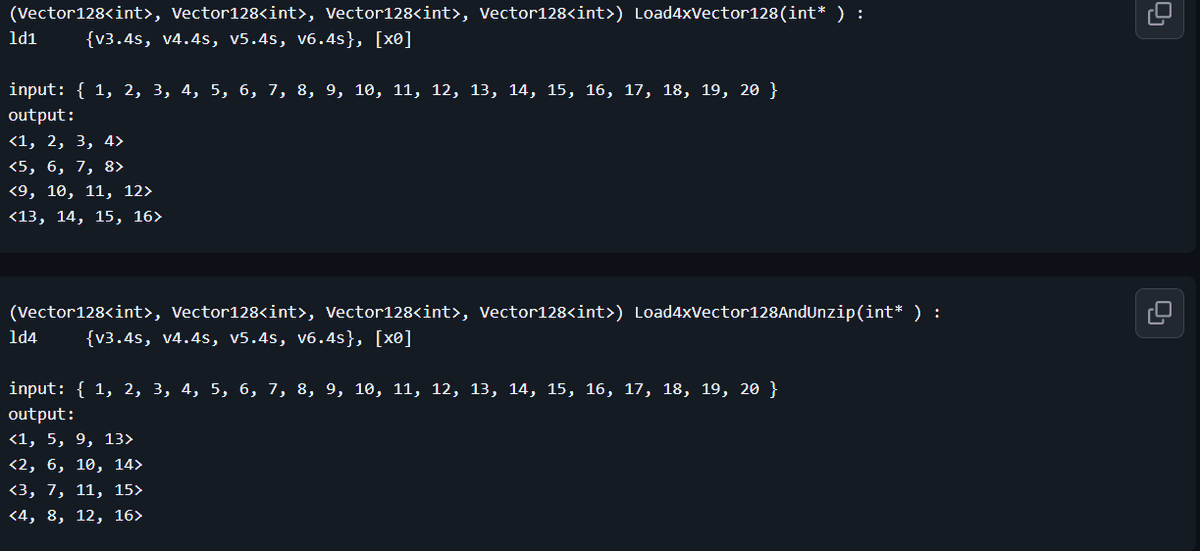 KuXMLP's tweet photo. @nietras1 @dyaroshev @geofflangdale the names might be mixed up, but this is what I just verified:

So maybe you want the first one i.e. `Load4xVector128` https://t.co/cDem2LwFhV