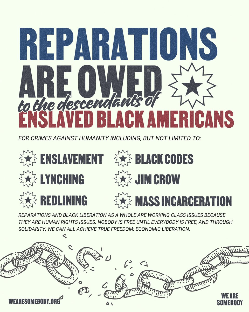 StrikeForAll's tweet image. There can be no liberation for the working class until reparations are paid.
As we celebrate Juneteenth, We Are Somebody reaffirms our commitment to full justice for all-including lineage-based reparations.