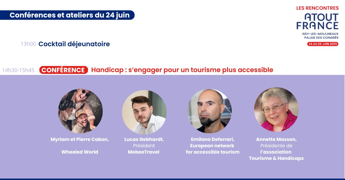 Atout France (@atout_france) on Twitter photo ♿ Le 24 juin, <a href="/atout_france/">Atout France</a> organise une table ronde sur le tourisme accessible dans le cadre de ses Rencontres 2025.
Objectif : montrer que l’accessibilité est un vrai levier de performance et d’attractivité !
👉 Inscription : urlr.me/83GmKx ♿ Le 24 juin, <a href="/atout_france/">Atout France</a> organise une table ronde sur le tourisme accessible dans le cadre de ses Rencontres 2025.
Objectif : montrer que l’accessibilité est un vrai levier de performance et d’attractivité !
👉 Inscription : urlr.me/83GmKx