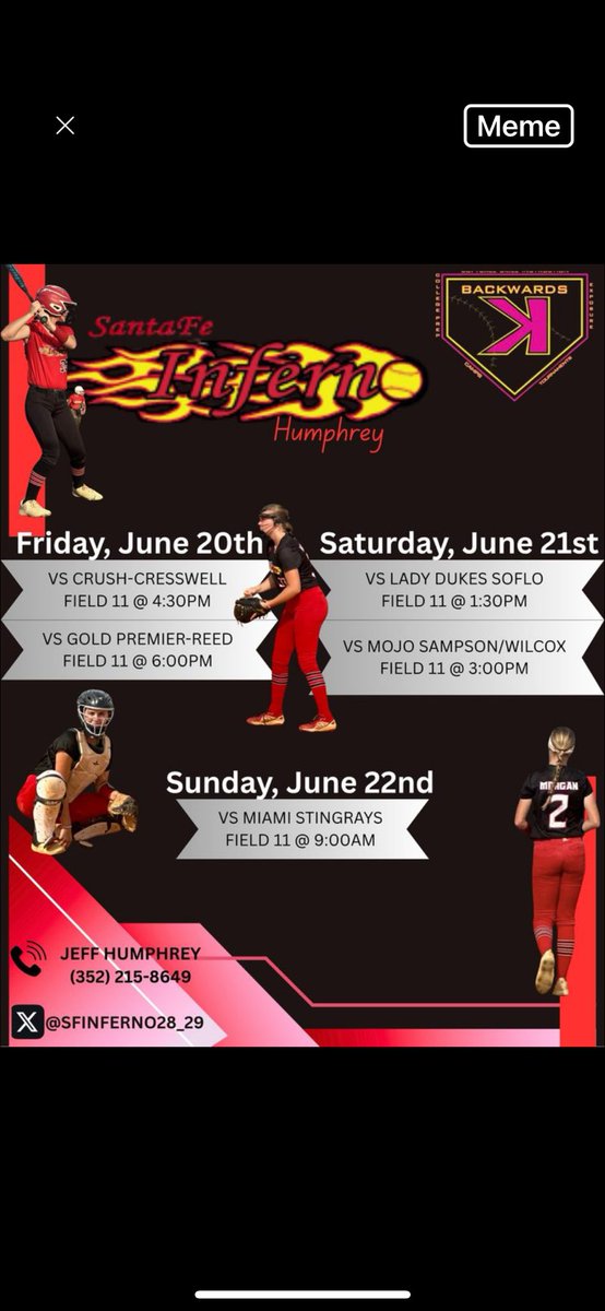 Come check us out at the Backwards K this weekend!!🔥
<a href="/FAUSoftball/">Florida Atlantic Softball</a> 
<a href="/USFSoftball/">USF Softball</a> 
<a href="/JAX_Softball/">Jacksonville Softball 🥎</a> 
<a href="/SeminoleStateSB/">Seminole St Softball</a> 
<a href="/StetsonSoftball/">Stetson Softball</a> 
<a href="/SFInferno28_29/">Santa Fe Inferno Humphrey</a> 
<a href="/coachdelightful/">coach rule1</a>
