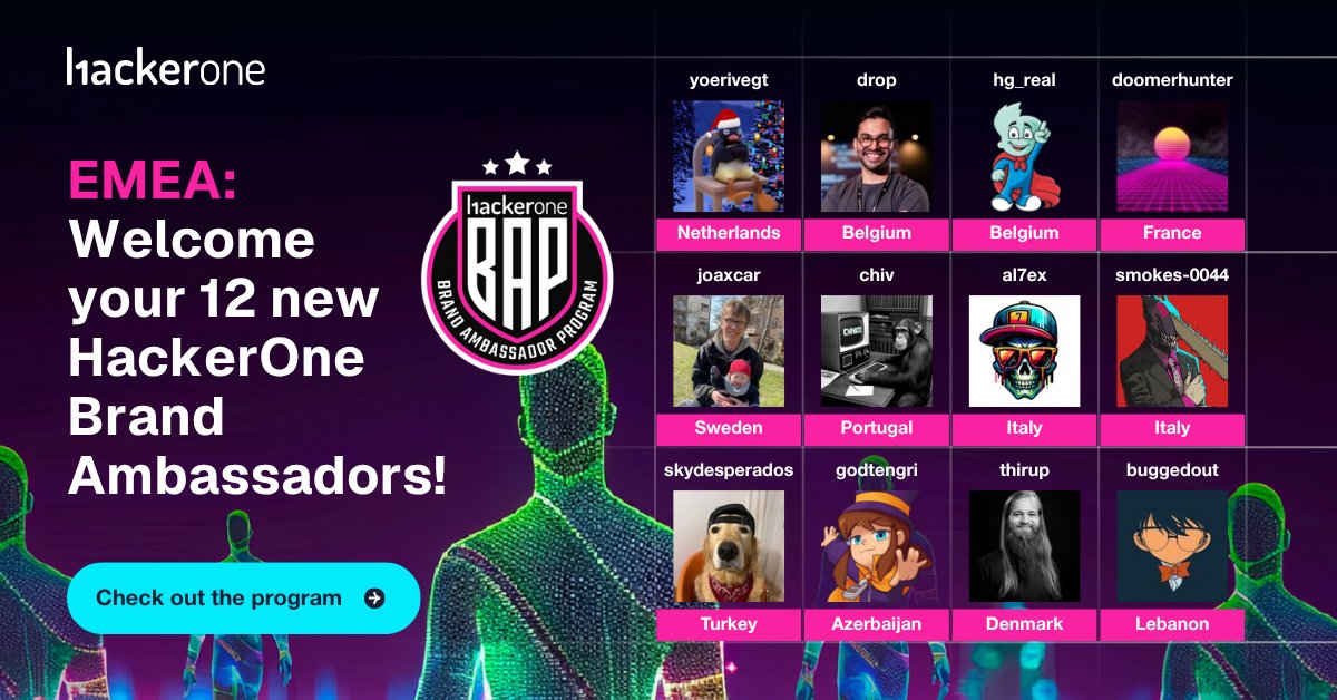 The security research community in Europe and the Middle East just got even stronger. Say hello to these new HackerOne Brand Ambassadors:

🇦🇿 <a href="/AzeriumD34132/">godtengri</a> (Azerbaijan—new club!)

🇧🇪 <a href="/dropn0w/">drop</a> &amp; <a href="/hgreal1/">hg_real</a> (Belgium—new club!)

🇩🇰 @mthirup (Denmark—new club!)

🇮🇹 <a href="/Al7eX91/">Al7eX</a> &amp;