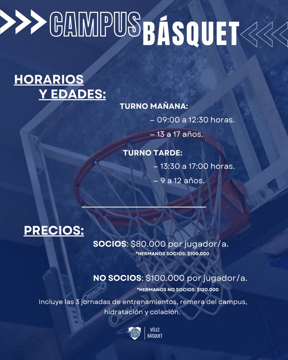 🏀 CAMPUS DE BÁSQUET EN VACACIONES DE INVIERNO 🏀

Viví una experiencia única en Vélez del 24 al 26 de julio.

🗓️ Serán 3 días llenos de básquet, aprendizaje, juegos, invitados especiales y mucha diversión.