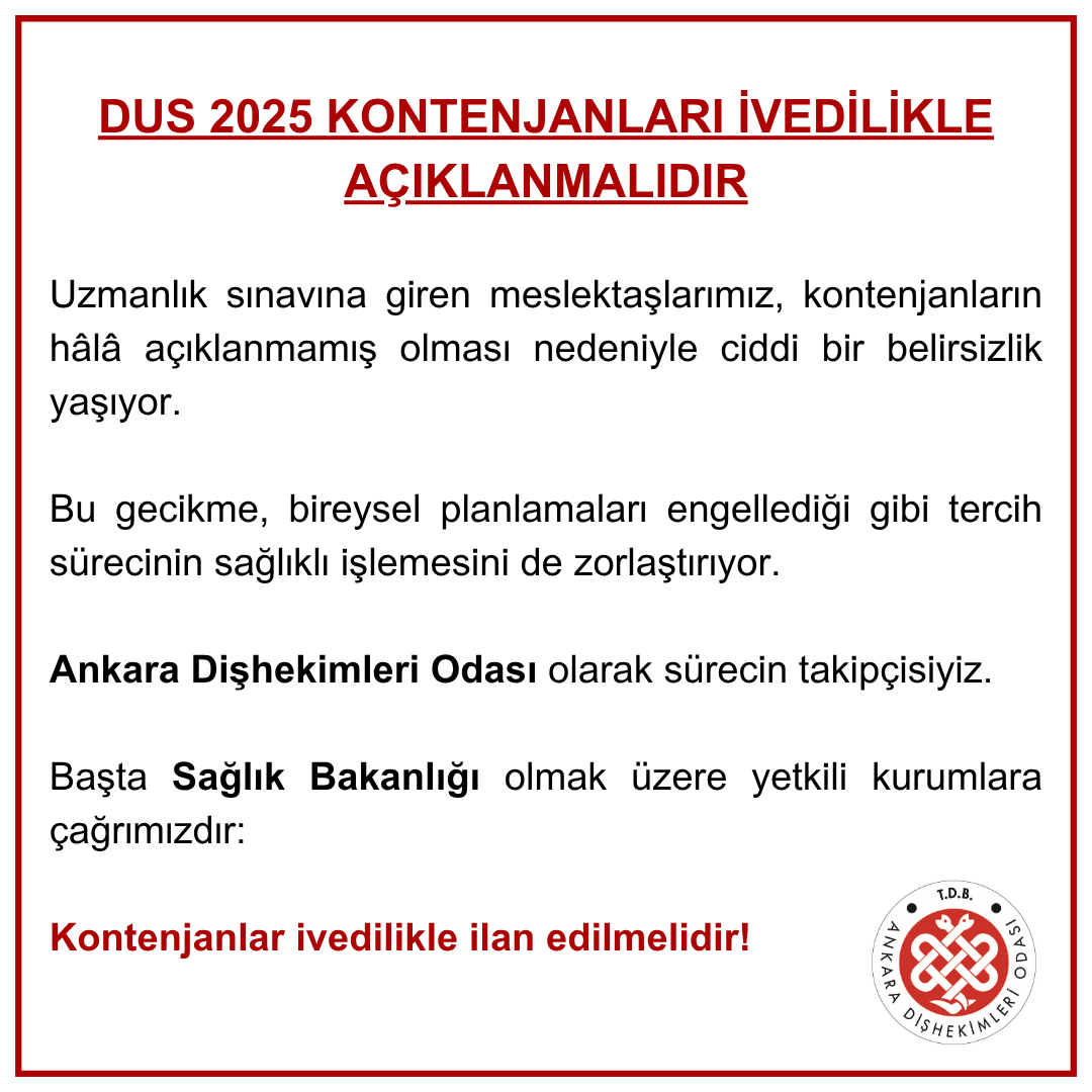 🎓 DUS 2025 Kontenjanları İvedilikle Açıklanmalıdır.

Ankara Dişhekimleri Odası olarak sürecin takipçisiyiz.

Başta Sağlık Bakanlığı olmak üzere yetkili kurumlara çağrımızdır:
Kontenjanlar ivedilikle ilan edilmelidir!
#DUS2025 #Dişhekimliği #KontenjanlarAçılsın #ADO