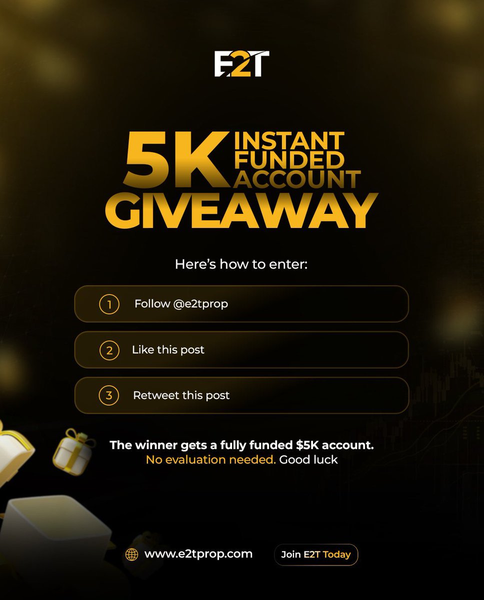 5K INSTANT FUNDED ACCOUNT GIVEAWAY 

🎯 Here’s how to enter:

- Follow <a href="/e2tprop/">E2T</a> &amp; <a href="/CableAnalyst/">Ọlá Daniel</a> 
- Like this post
- Retweet this post
- Tag 3 trader friends in the comments

The winner gets a $5K fully funded  INSTANT account. No evaluation needed.

Winner to be announced in 3
