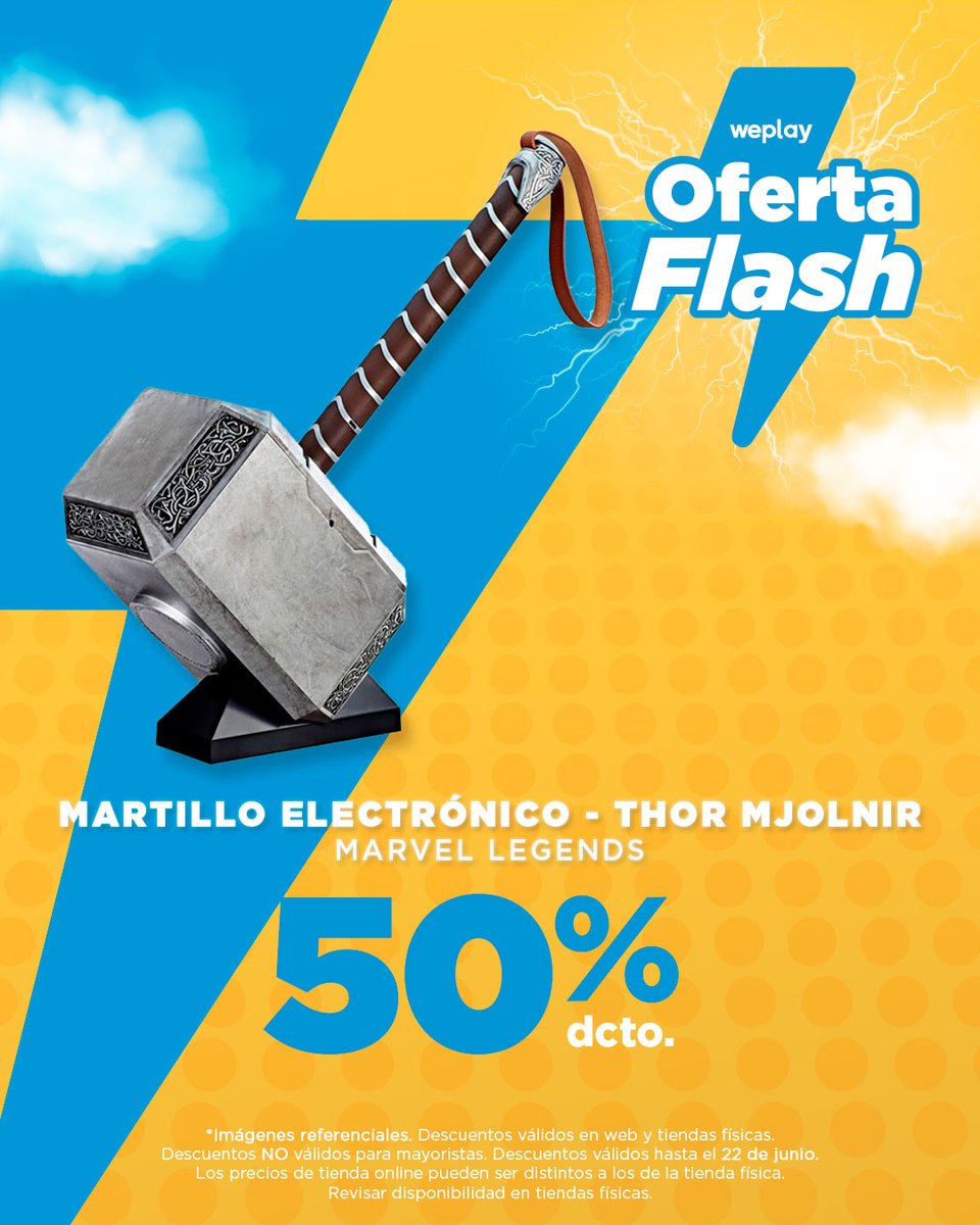weplaystore_cl's tweet image. ¡#OfertaFlash! ⚡¿Serás capaz de levantar el #Mjolnir? 🔨😱 Disfruta el descuento del martillo electrónico #MarvelLegends de #Thor 💪 Descuento disponible en web bit.ly/wp-OfertasFlash y en tiendas físicas #WeplayStore