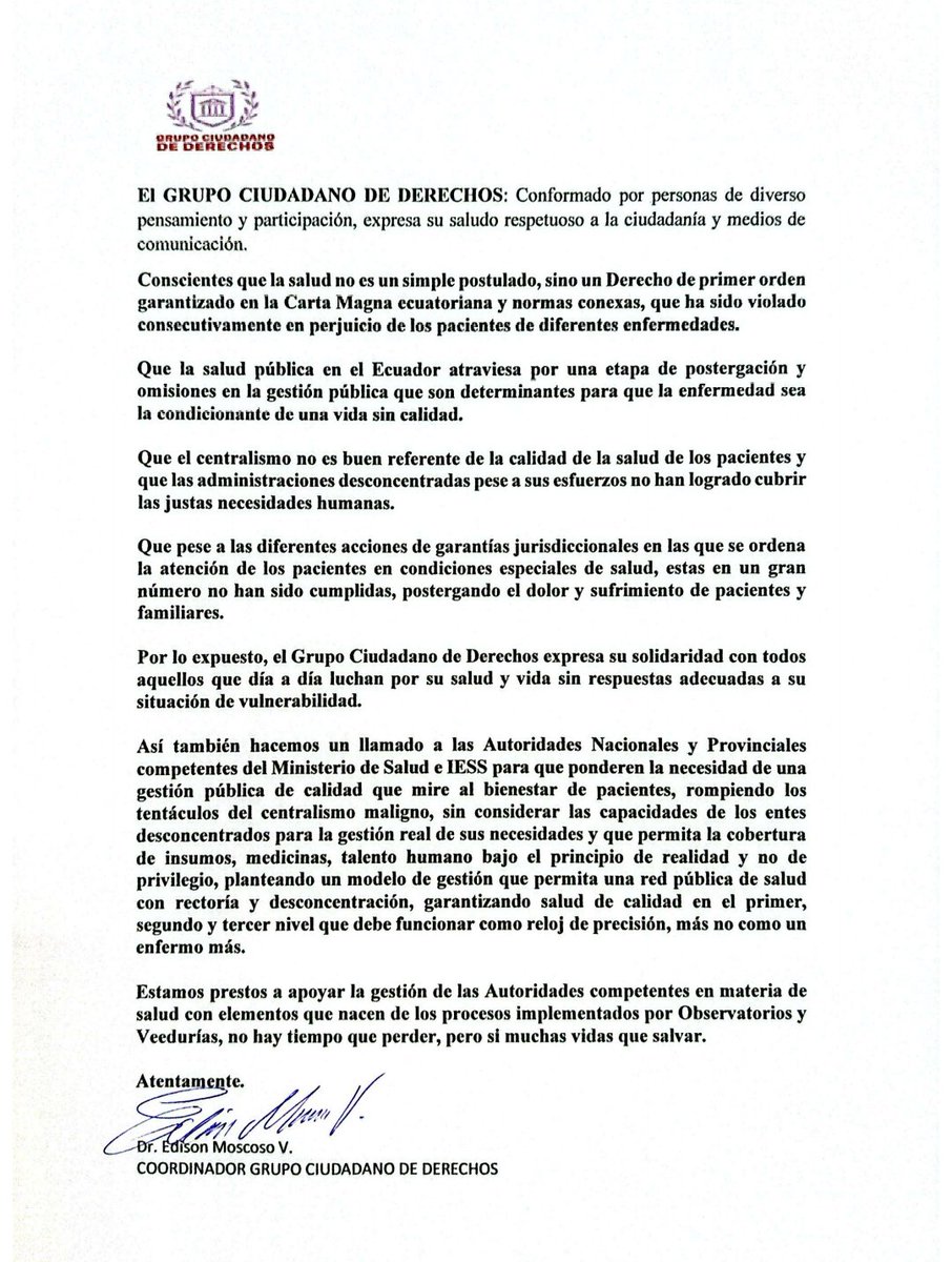 Carta Pública a las autoridades del Ministerio de Salud y del Instituto de Seguridad Social. La salud no es privilegio, es Derecho.  
<a href="/Salud_Ec/">Ministerio de Salud Pública 🇪🇨</a> <a href="/IESSec/">IESS</a> <a href="/goberazuay/">Gobernación del Azuay</a> <a href="/tomebamba/">La Voz del Tomebamba</a> <a href="/Rodrigoperiodis/">RodrigoMatuteTorres</a> <a href="/CuencaPrimero/">CuencaPrimero</a> <a href="/acastropiedra/">Adrian Castro (El ShunGo)</a>