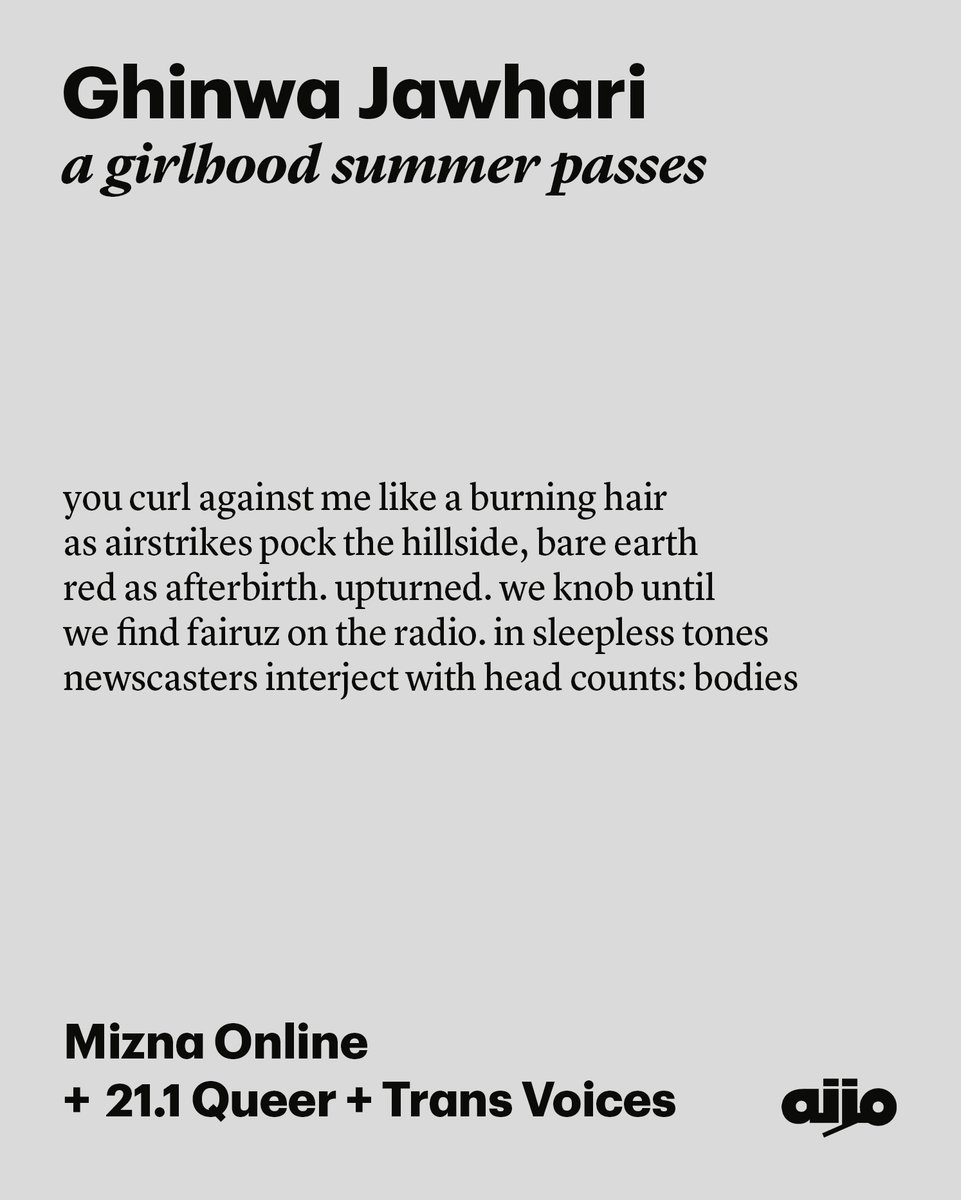 Mizna_ArabArt's tweet image. This Pride Month, Mizna Online is honored to be republishing selections from Mizna 21.1: Queer + Trans Voices. This week, Ghinwa Jawhari teases apart the multiple layers of queer experience of a summer spent in Lebanon during the 2006 war.
Read more: mizna.org/mizna-online/a…