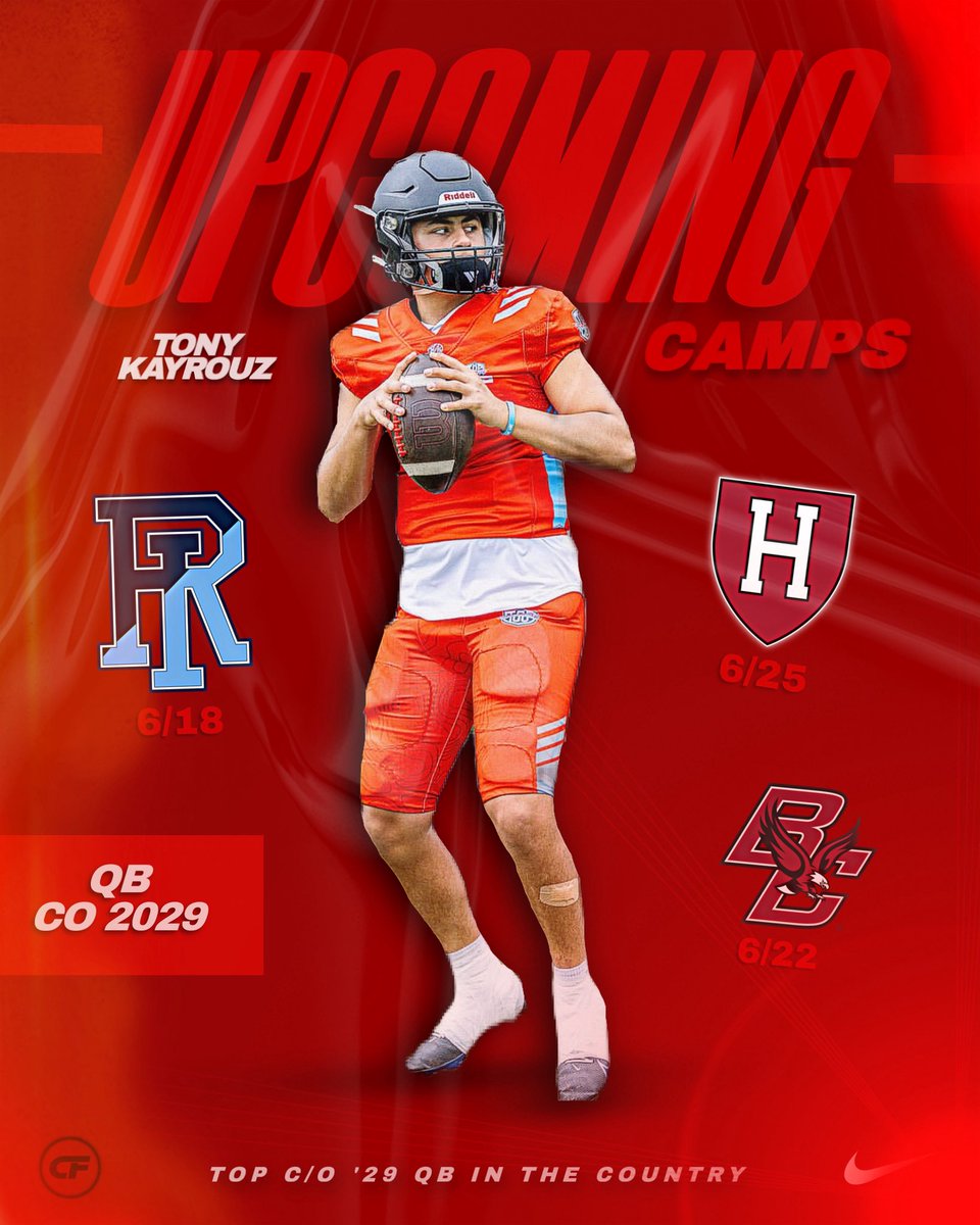 Tony Kayrouz 2029 QB (@tonykayrouz2029) on Twitter photo Here is the rest of my camp schedule that I'll be attending.
<a href="/NE6FB_Recruits/">NE-Recruits</a> <a href="/QBHitList/">QBHitList.com</a> <a href="/QBCoachGuy1/">QBCoachGuy</a> <a href="/CoachMartinESA/">Coach Martin</a> <a href="/Coach_JDiBiaso/">Jonathan DiBiaso</a> <a href="/TheTexansCoach/">Bill O Brien</a> <a href="/Coach_Loftus/">Tyler Loftus</a> <a href="/ChrisLorenti/">Chris Lorenti</a> <a href="/Coach_Aurich/">Andrew Aurich</a> <a href="/MicFein/">Mickey Fein</a> Here is the rest of my camp schedule that I'll be attending.
<a href="/NE6FB_Recruits/">NE-Recruits</a> <a href="/QBHitList/">QBHitList.com</a> <a href="/QBCoachGuy1/">QBCoachGuy</a> <a href="/CoachMartinESA/">Coach Martin</a> <a href="/Coach_JDiBiaso/">Jonathan DiBiaso</a> <a href="/TheTexansCoach/">Bill O Brien</a> <a href="/Coach_Loftus/">Tyler Loftus</a> <a href="/ChrisLorenti/">Chris Lorenti</a> <a href="/Coach_Aurich/">Andrew Aurich</a> <a href="/MicFein/">Mickey Fein</a>