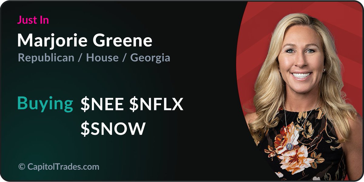 Capitol Trades (@capitol2iq) on Twitter photo Representing Georgia’s 14th District, <a href="/RepMTG/">Rep. Marjorie Taylor Greene🇺🇸</a> has expanded her portfolio with a series of targeted tech and healthcare investments, as disclosed in her June 2025 filing.
New positions include $ADBE, $AMAT, $NFLX, $NOW, $SNOW, $GILD & $NEE, each ranging between $1,001 and Representing Georgia’s 14th District, <a href="/RepMTG/">Rep. Marjorie Taylor Greene🇺🇸</a> has expanded her portfolio with a series of targeted tech and healthcare investments, as disclosed in her June 2025 filing.
New positions include $ADBE, $AMAT, $NFLX, $NOW, $SNOW, $GILD & $NEE, each ranging between $1,001 and