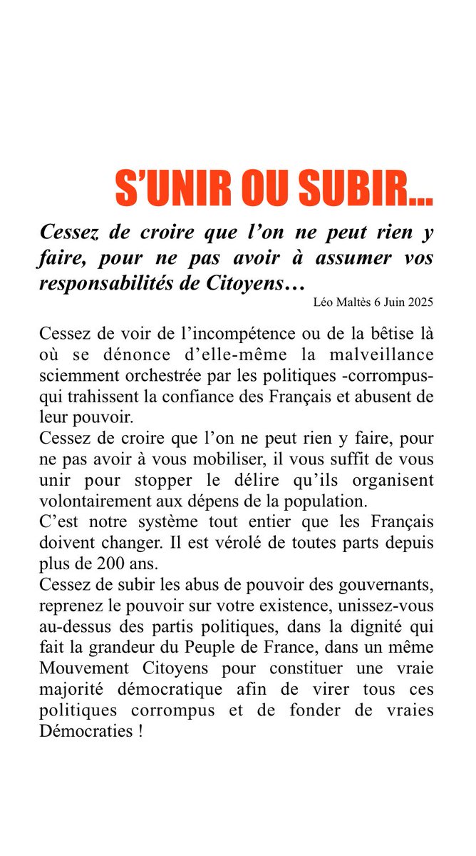 Nous devons cesser de nous laisser manipuler par les gvts et les médias. Tous les politiques, de tous les partis. Nous devons nous unir pour protéger nos enfants, leur avenir, notre culture et notre art de vivre à la Française. Il en va de la responsabilité de tous les Citoyens.