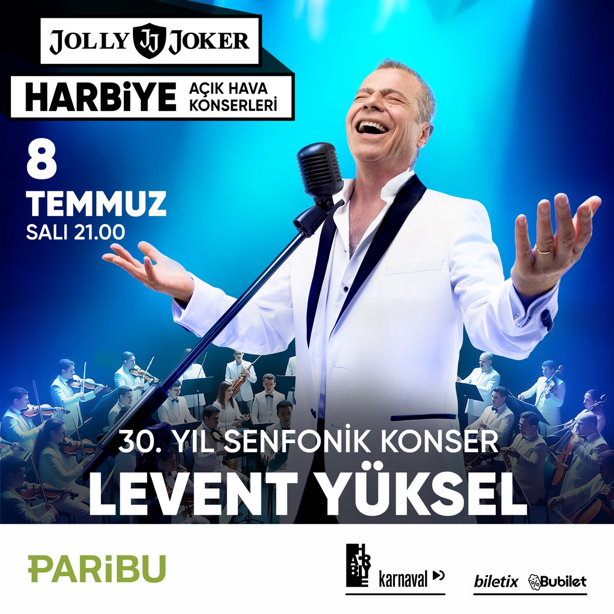 Paribu Sunar: Jolly Joker Harbiye Açık Hava Konserleri  🎶 Levent Yüksel, müzik kariyerinin 30. yılına özel senfoni orkestrası eşliğinde 8 Temmuz’da Harbiye Açık Hava’da!✨🎟️ Biletler: jly.at/4ndRXi4