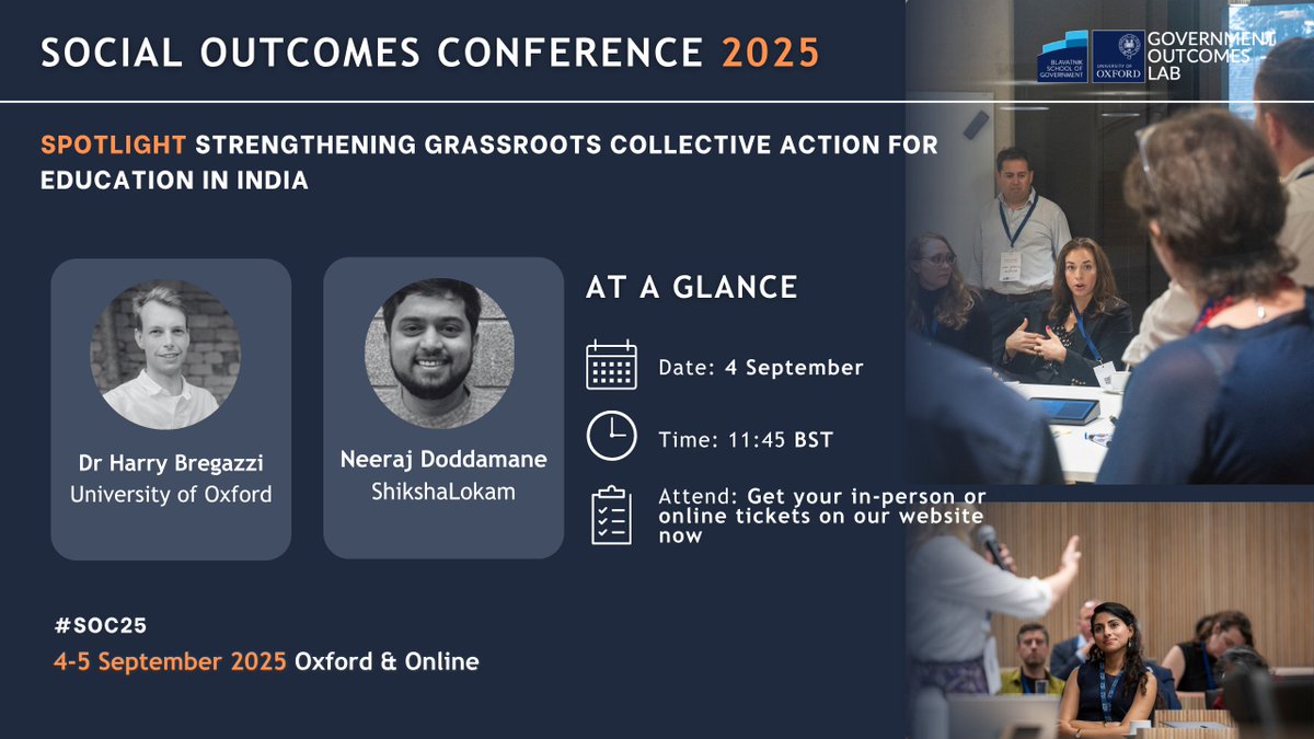 Government Outcomes Lab (@golaboxford) on Twitter photo 📢 Spotlight: Strengthening Grassroots Collective Action for Education in India at #SOC25
Featuring experts from <a href="/UniofOxford/">University of Oxford</a> <a href="/ShikshaLokam/">ShikshaLokam</a>
🎫 Book your tickets NOW: lnkd.in/dAqUXTcf
➡️Programme: lnkd.in/eDhetPNh
#Education #GrassrootsAction #India 📢 Spotlight: Strengthening Grassroots Collective Action for Education in India at #SOC25
Featuring experts from <a href="/UniofOxford/">University of Oxford</a> <a href="/ShikshaLokam/">ShikshaLokam</a>
🎫 Book your tickets NOW: lnkd.in/dAqUXTcf
➡️Programme: lnkd.in/eDhetPNh
#Education #GrassrootsAction #India