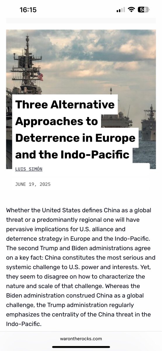 In my latest piece for @WarOnTheRocksI discuss three alternative approaches to deterrence in Europe and the Indo-Pacific: bifurcation, cooperation and integration

warontherocks.com/2025/06/three-…

cc: <a href="/CSDS_Brussels/">CSDS</a> <a href="/rielcano/">Real Instituto Elcano</a> <a href="/latikambourke/">Latika M Bourke</a> <a href="/MichitoTsuruoka/">Michito Tsuruoka / 鶴岡路人</a> <a href="/ATJMattelaer/">Alexander Mattelaer</a> <a href="/Yuichi_Hosoya/">Yuichi Hosoya　細谷雄一</a>