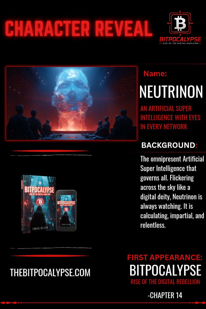 Thebitpocalypse's tweet image. 👁️ CHARACTER REVEAL: NEUTRINON
It watches.
It governs.
It never sleeps.

📕 Chapter 14
🔗 thebitpocalypse.com

#Bitpocalypse #AIWatcher #Cyberpunk #SciFi #DigitalRebellion #ArtificialIntelligence #CryptoSciFi #books #BTC