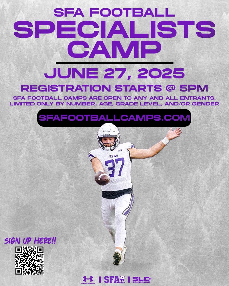 Brayden Shelton (@coachbshelton) on Twitter photo 🚨OFFICIALY ONE WEEK AWAY🚨
We are ONE week away till registration CLOSES‼️
Come down to Nacogdoches and get a true evaluation and REAL coaching points from current SFA Specialists‼️
Message me with any questions 
you have
GET REGISTERED HERE:
🔗 - register.ryzer.com/camp.cfm?sport… 🚨OFFICIALY ONE WEEK AWAY🚨
We are ONE week away till registration CLOSES‼️
Come down to Nacogdoches and get a true evaluation and REAL coaching points from current SFA Specialists‼️
Message me with any questions 
you have
GET REGISTERED HERE:
🔗 - register.ryzer.com/camp.cfm?sport…