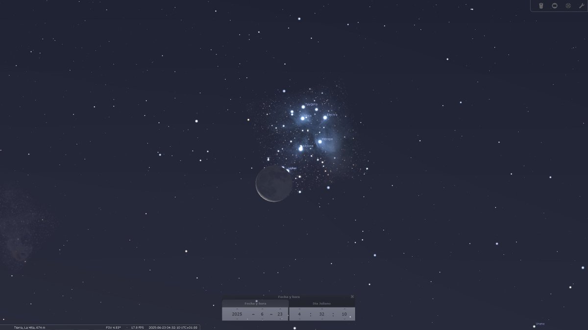 La madrugada del lunes 23 tendremos un encuentro fascinante de la Luna y las Pléyades. 
Asomará sobre la 1:30 UT ocultando parte del cúmulo. 
A las 2:30 UT estará a buena altura para observarlo (con Venus a la derecha)

¡No pierdas la ocasión de observarlo con prismáticos!