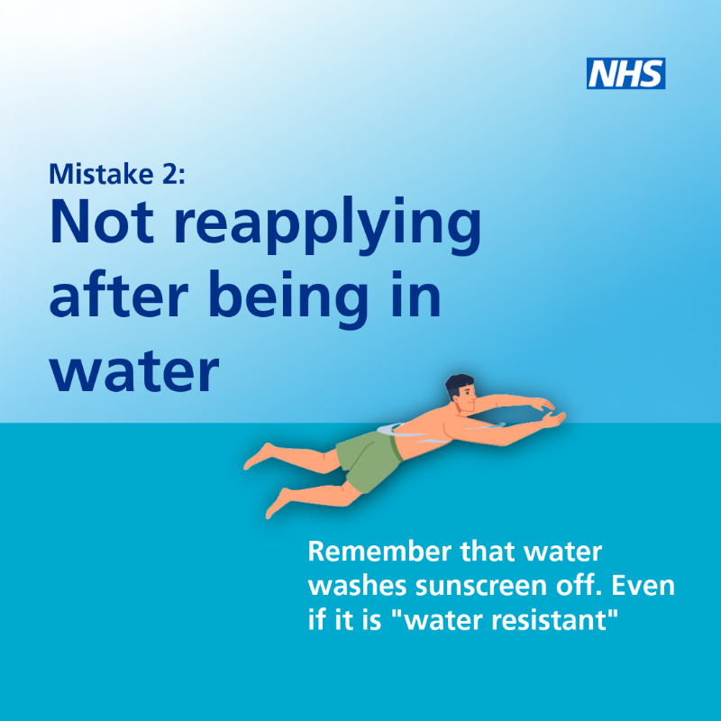NHSuk's tweet photo. 5 common mistakes when using sunscreen ☀️ 

Take care when going out in the sun and don’t forget your sunscreen. 

Find more information on the NHS website.