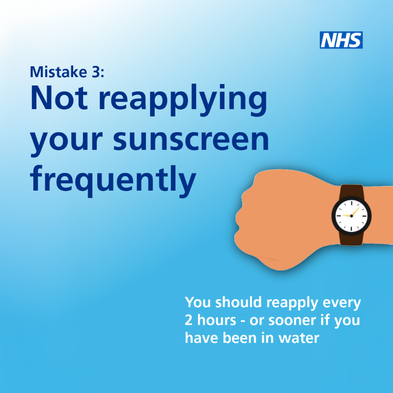 NHSuk's tweet photo. 5 common mistakes when using sunscreen ☀️ 

Take care when going out in the sun and don’t forget your sunscreen. 

Find more information on the NHS website.