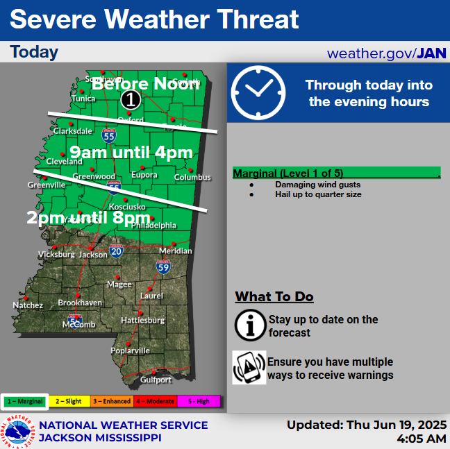 The National Weather Service is forecasting a marginal threat for the northern half of the state today (June 19, 2025). Damaging winds 💨 and hail ☄️ cannot be ruled out. Please stay weather aware. 📲