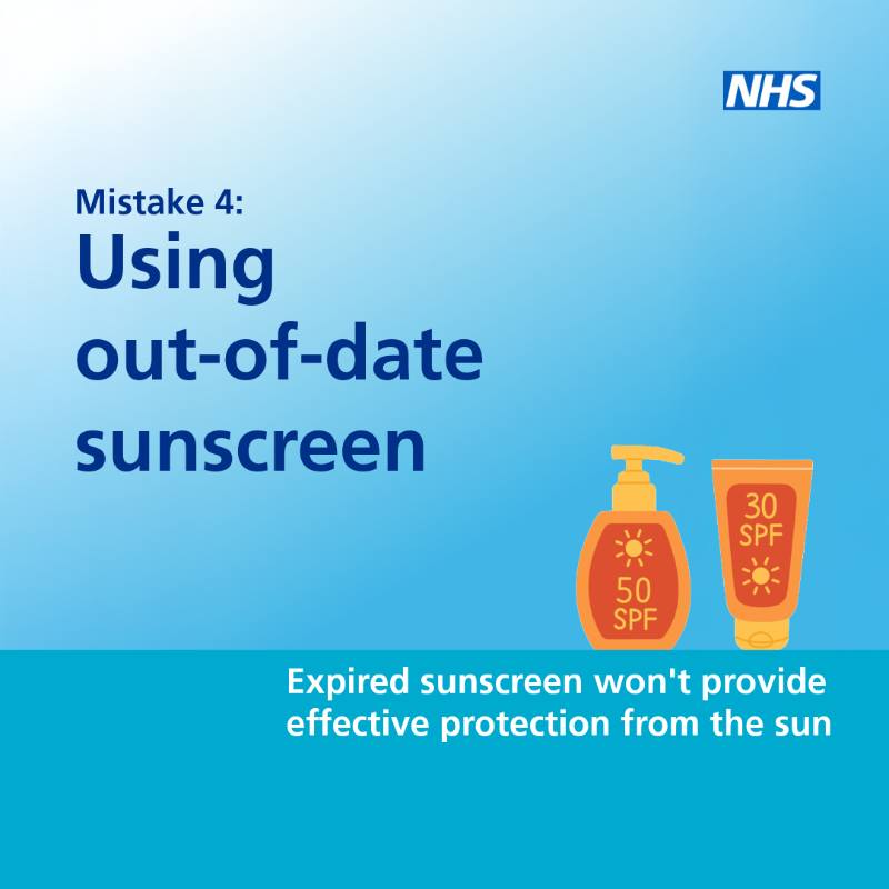 NHSuk's tweet photo. 5 common mistakes when using sunscreen ☀️ 

Take care when going out in the sun and don’t forget your sunscreen. 

Find more information on the NHS website.