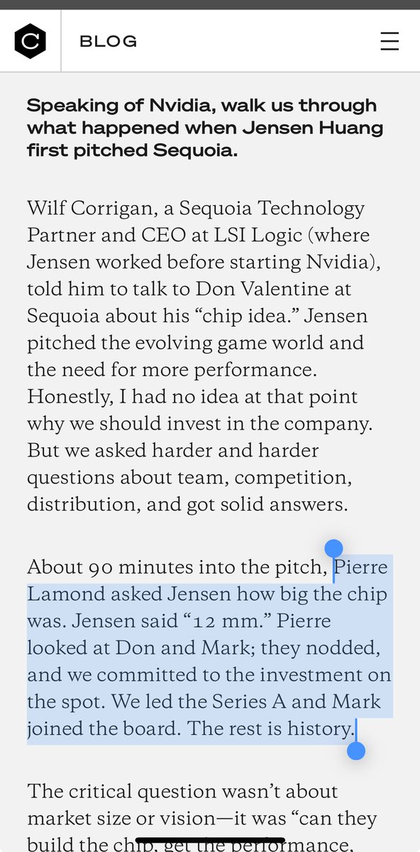Craig Shapiro ⚽️ (@cshapiro) on Twitter photo Imagine being in the room when Jensen Huang pitched NVIDIA to Sequoia.
I chatted with my friend, former Sequoia GP, and <a href="/collabfund/">Collab Fund</a> LP, Tom McMurray, who was in that room.
Check it out 👇 Imagine being in the room when Jensen Huang pitched NVIDIA to Sequoia.
I chatted with my friend, former Sequoia GP, and <a href="/collabfund/">Collab Fund</a> LP, Tom McMurray, who was in that room.
Check it out 👇