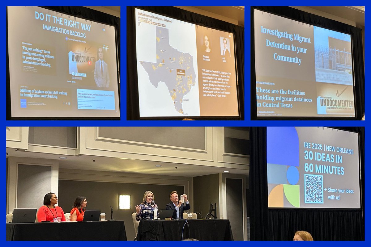 Thanks to <a href="/CierraReporter/">Cierra Putman WTHR</a>, <a href="/mal_sofastaii/">Mallory Sofastaii</a>, <a href="/katieawilcox/">Katie Wilcox</a> &amp; <a href="/DanKrauthABC7/">Dan Krauth</a> for highlighting <a href="/KXAN_News/">KXAN News</a>’ “Undocumented” investigation on immigration issues in their “30 Ideas in 60 Minutes” broadcast panel at #IRE25! Explore: kxan.com/undocumented 📺 <a href="/IRE_NICAR/">Investigative Reporters & Editors</a>
