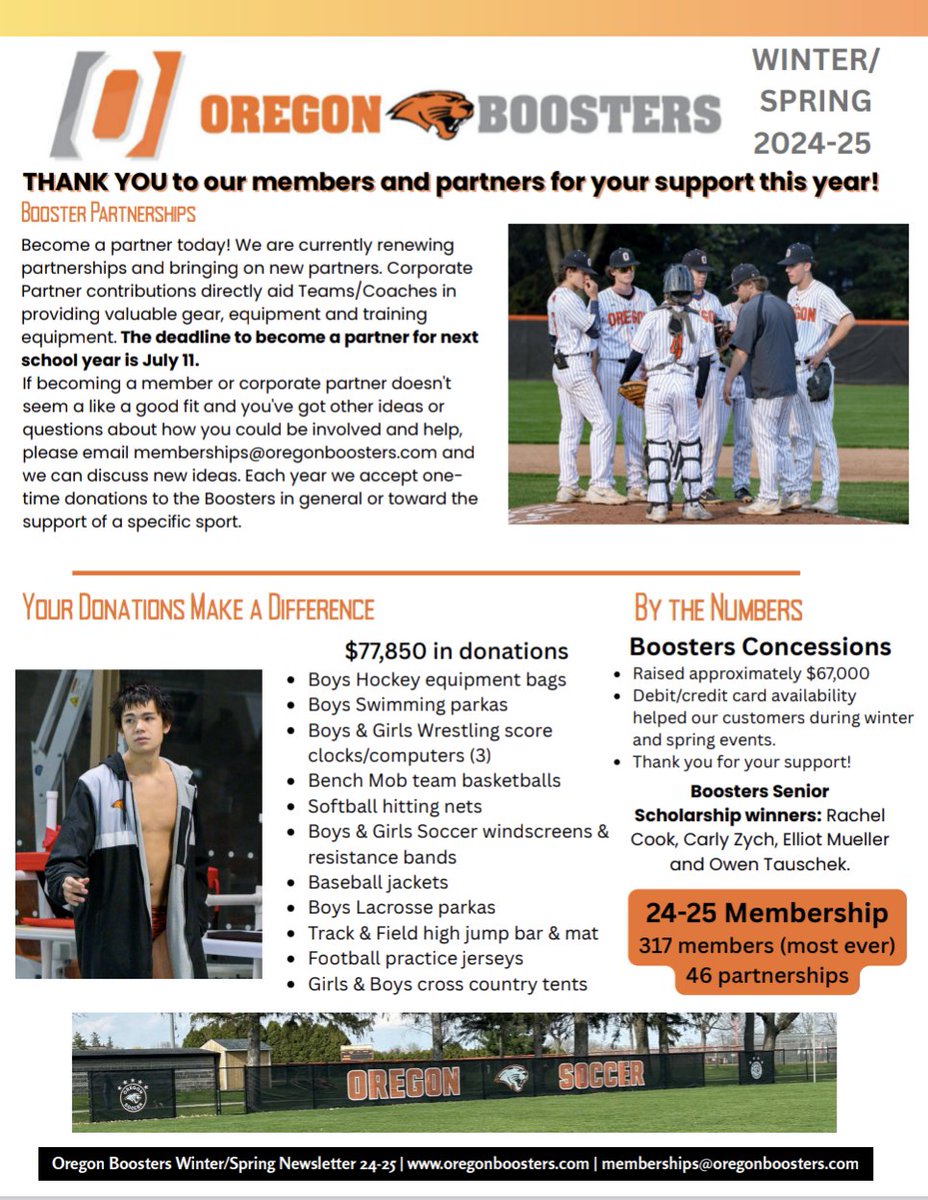 Booster Members and Corporate Partners please check your email for the complete newsletter, which wraps up this year. 

So many record breaking moments took place for Oregon Athletics and not just for our athletes but for the Boosters as well.  <a href="/OregonPanthers/">OHSPantherAthletics</a> thank you!!!!