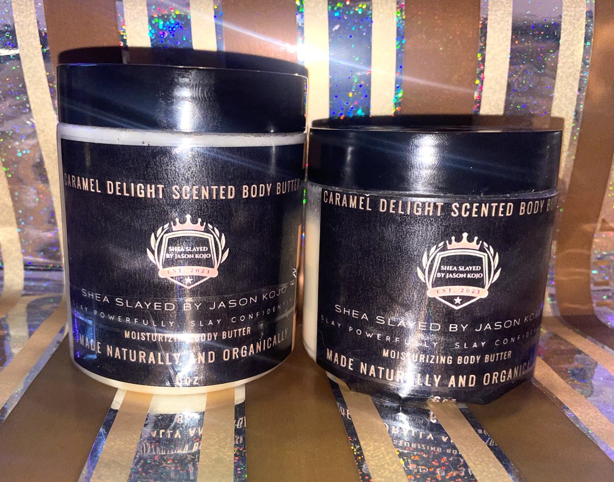 SheaSlayed's tweet photo. SALE‼️ Be sure to check out these brand new sweet scents of Shea Slayed By Jason Kojo Moisturizing Body Butter🤴🏿
• Caramel Delight
• Pink Sugar
• Vanilla Sandalwood
• Vanilla Lavender 

Buy one 8 oz Body Butter, get one body butter 50% off! Shop at https://t.co/JunxD7RS21! https://t.co/GsNvZlwJ9j
