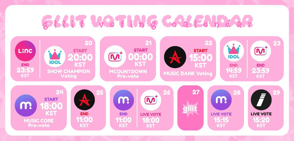 gllitvoting's tweet photo. [🎀] JUNE 20-29 VOTING CALENDAR

Hi GLLITz! Make sure to mark your calendars for the first week of Billyeoon Goyangi (Do the Dance) promotions 🩷 We will also be posting reminders when votings open/close so turn our notifications on! 

Google Calendar: https://t.co/FHnaRDNHKx https://t.co/k6xdVfHhfk