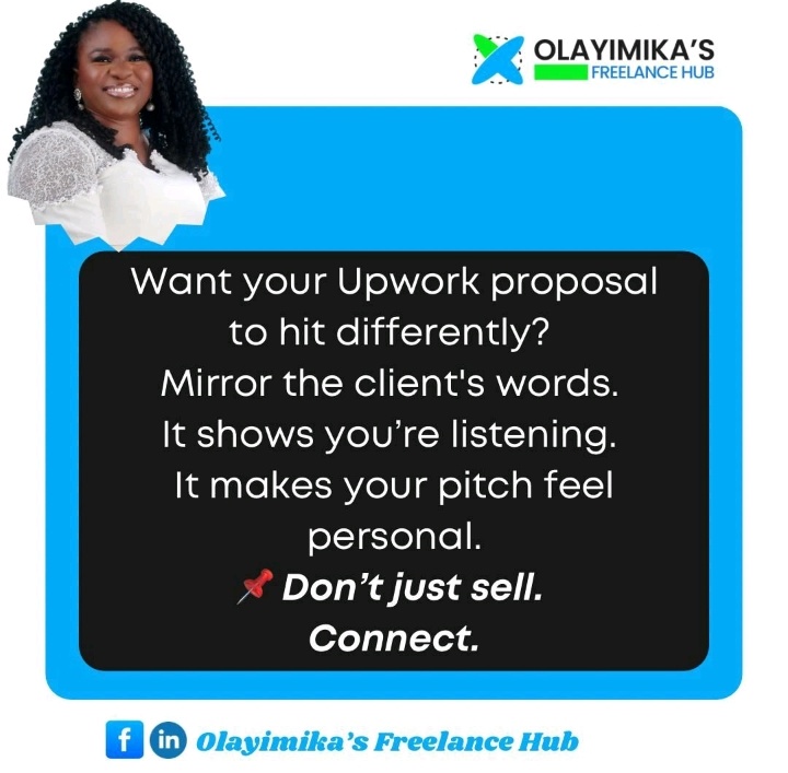 Omotsolayimika's tweet image. Struggling to land gigs on Upwork?
Try echoing the client&apos;s own words in your proposals - It works like magic✨
Relatable. Clear. Trusted
#UpworkTips #FreelancerHack #Freelancing