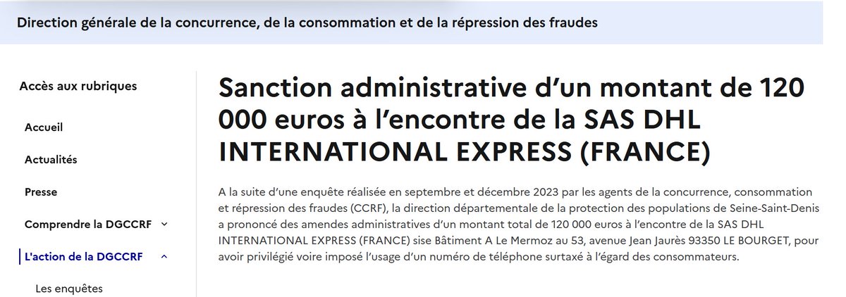 Cela fait plus de 15 ans que les numéros surtaxés sont interdits pour le service client des entreprises.

Mais visiblement, certaines n'étaient pas au courant...

Le transporteur DHL <a href="/DHLExpressFr/">DHL Express France</a>  écope d'une belle amende (120.000 €) de <a href="/dgccrf/">DGCCRF</a> 
economie.gouv.fr/dgccrf/laction…