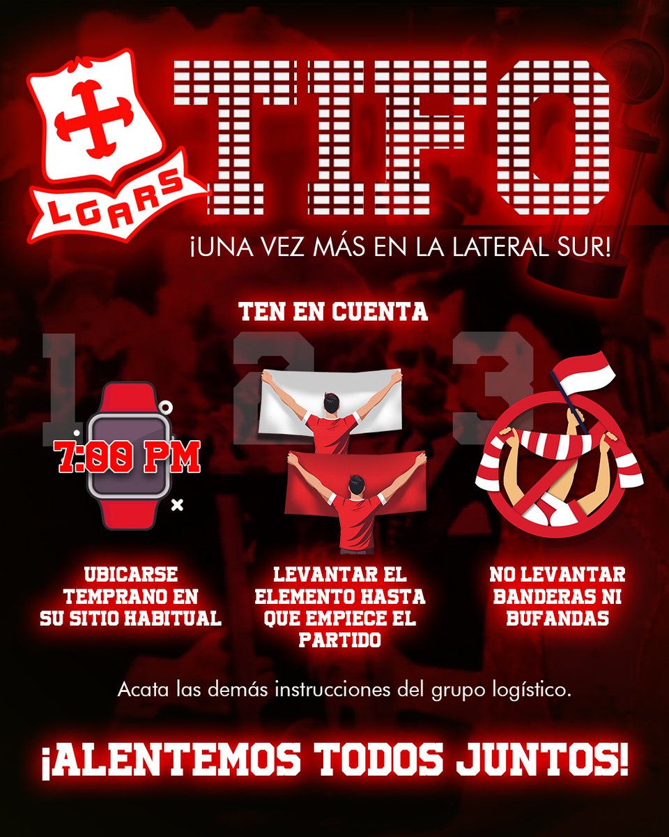 📢 Oído Muchachos!

Recomendaciones tifo curva sur:

1. Ingresa una hora antes del partido 7:00pm y permanece en tu lugar habitual.
2. Después de recibir el elemento que te corresponde, NO CAMBIARTE DE LUGAR.
3. Extiendelo en forma de rectángulo (como se muestra en la imágen) y