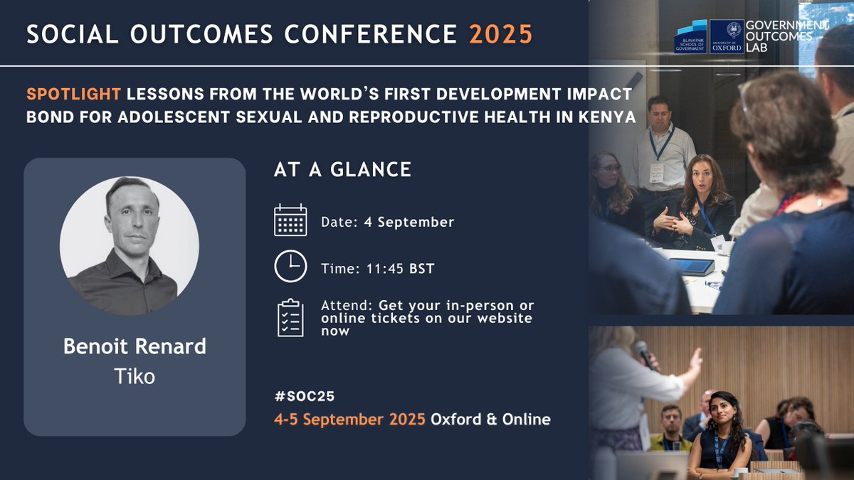 📢 Spotlight: World's First Development Impact Bond for Adolescent Sexual and Reproductive Health in Kenya at #SOC25
Featuring <a href="/benoitrenard/">Benoit Renard</a>  from <a href="/tikoafrica/">Tiko</a> 

🎫 Book your tickets NOW: lnkd.in/dAqUXTcf
➡️Programme: lnkd.in/eDhetPNh

#DevelopmentImpactBond #Kenya