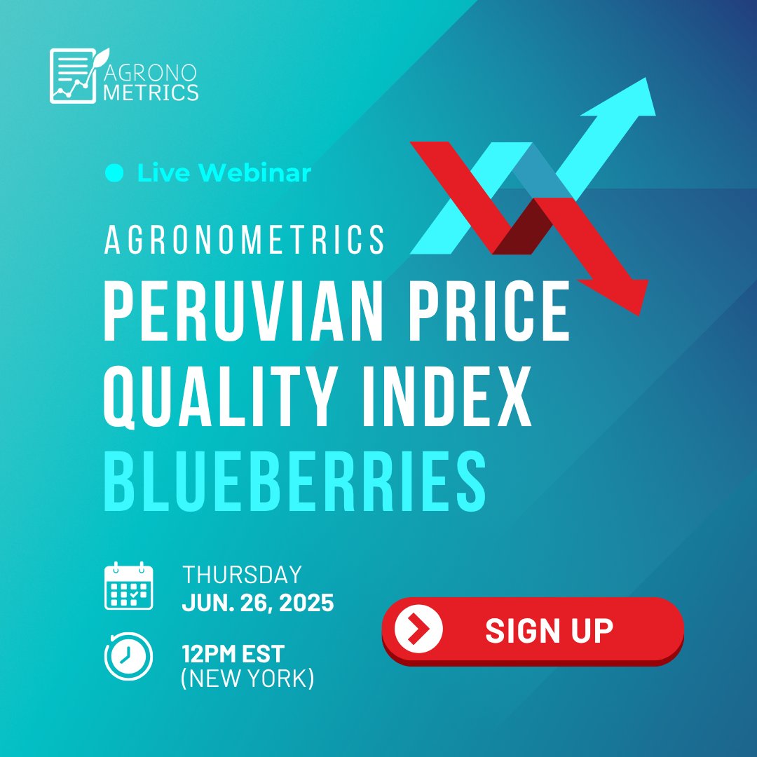 🫐Agronometrics invites industry stakeholders to a special webinar on Thursday, June 26 at 12:00 p.m. EST, where CEO Colin Fain will present the concept behind the Peruvian Price Quality Index for Blueberries.
Register Here: forms.gle/rmEC29FZhtwFhr…
#blueberries #Webinar #Peru