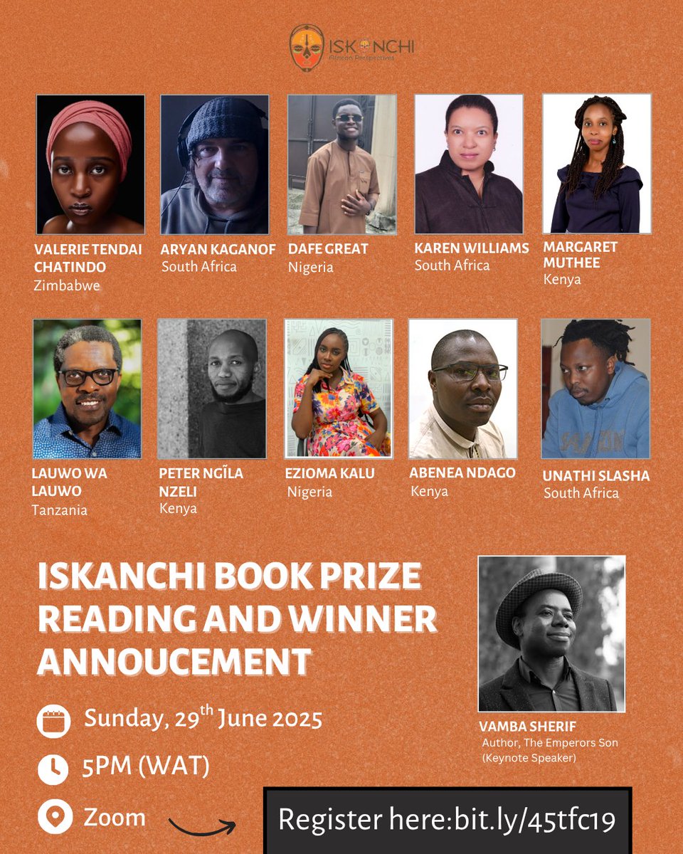 📚 Join us for the Iskanchi Book Prize Reading &amp; Winner Reveal!

Hear from brilliant African authors + keynote by Vamba Sherif (The Emperor’s Son).

🗓️ Sun, 29 June 2025
⏰ 5PM WAT | 📍 Zoom
🎟️ Free: bit.ly/45tfc19

#IskanchiBookPrize #AfricanLiterature #IskanchiPress