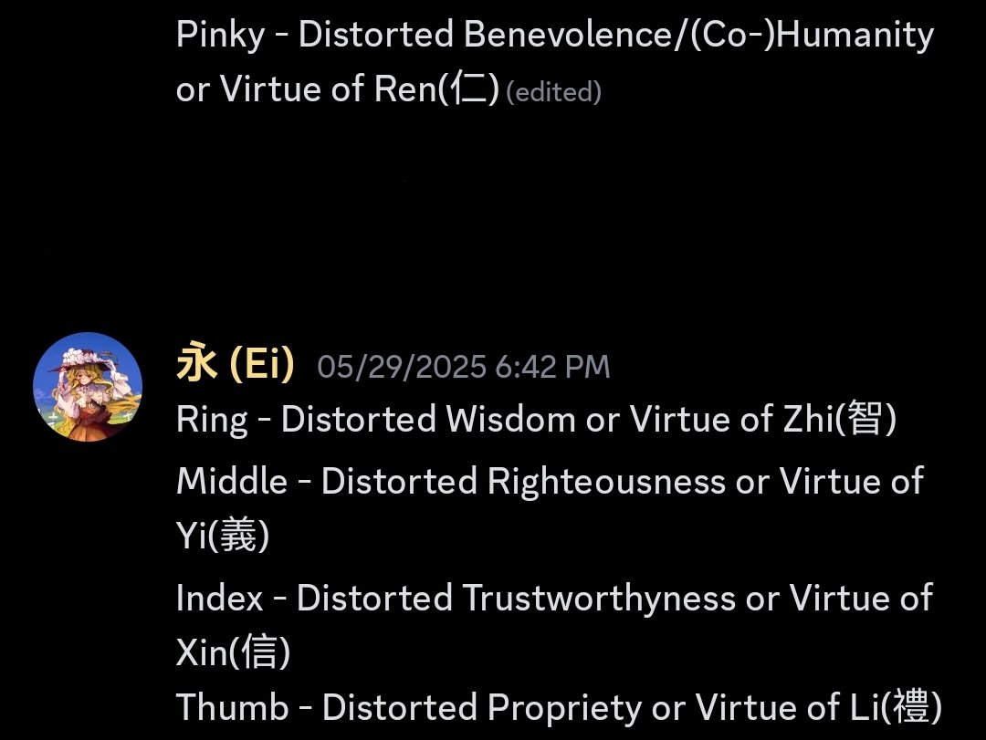 Ei (@ei_theisis) on Twitter photo <a href="/myocest/">Vivian Cyria</a> I have come across korean theory about how Fingers actually meant to represent distorted versiona of confucian virtues
I think it is one of the miat plausible theories currently since propriety is mentioned by thumbclair and Kong Qiu talks about pinky swaying from "humanity" <a href="/myocest/">Vivian Cyria</a> I have come across korean theory about how Fingers actually meant to represent distorted versiona of confucian virtues
I think it is one of the miat plausible theories currently since propriety is mentioned by thumbclair and Kong Qiu talks about pinky swaying from "humanity"