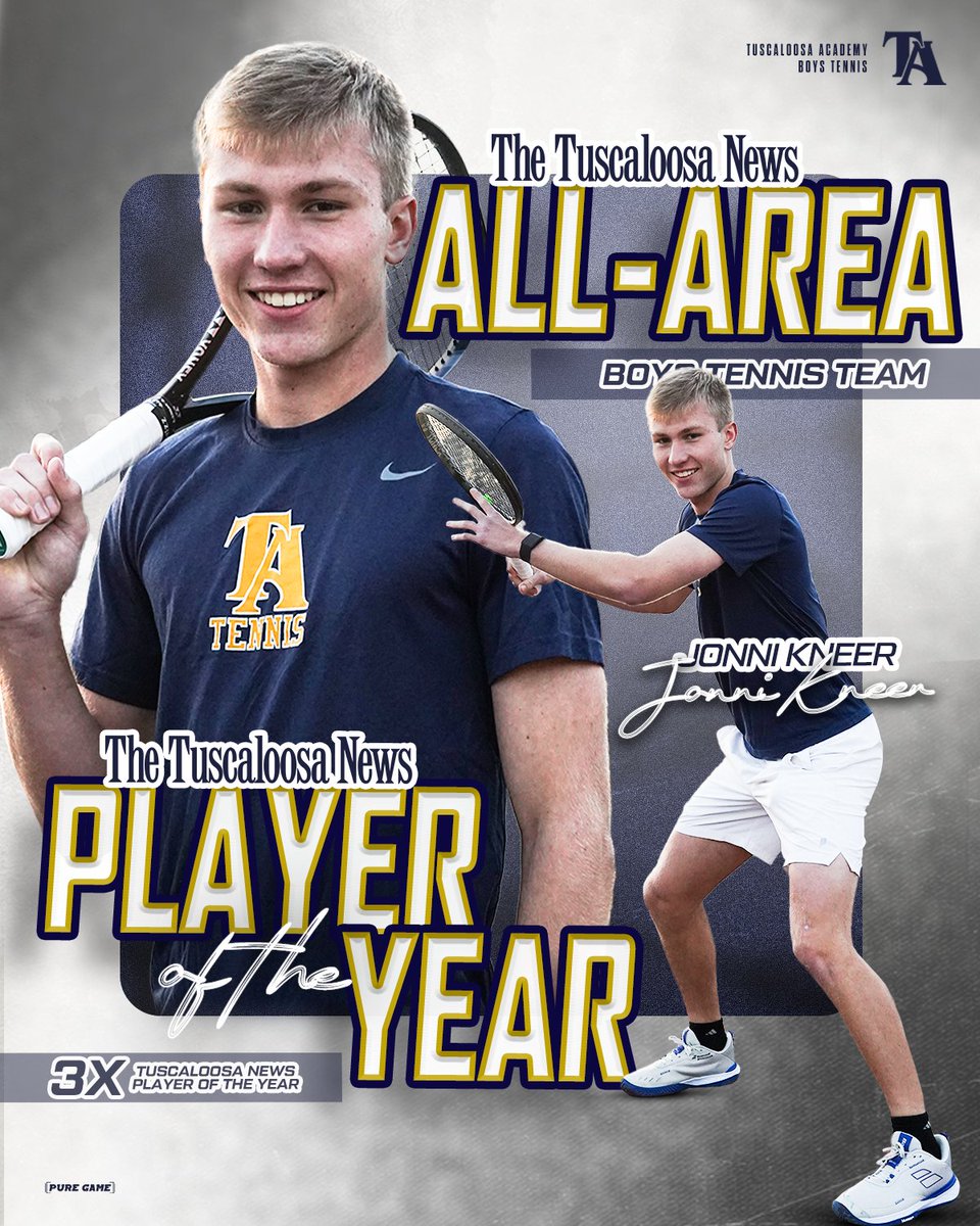 🎾 𝐏𝐋𝐀𝐘𝐄𝐑 𝐎𝐅 𝐓𝐇𝐄 𝐘𝐄𝐀𝐑 ⚔️ 
Congratulations to Tuscaloosa Academy junior Jonni Kneer for being chosen as the Tuscaloosa News 2025 boys tennis Player of the Year &amp; to the Tuscaloosa News boys all-area tennis team.
"The three-time player of the year, Kneer went