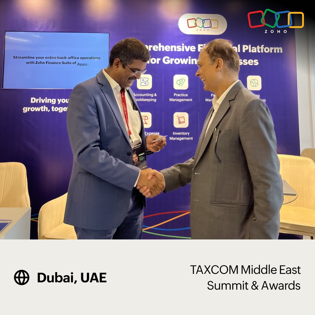 ZohoBooks's tweet image. Excited to share that Zoho Books has been honored with the &quot;Accounting Tech Leader of the Year Award&quot; at @BConnectGlobal &apos;s #TAXCOMMiddleEast 

A big thank you to everyone who supported us in achieving this milestone and to all who visited our booth—we had a fantastic time…