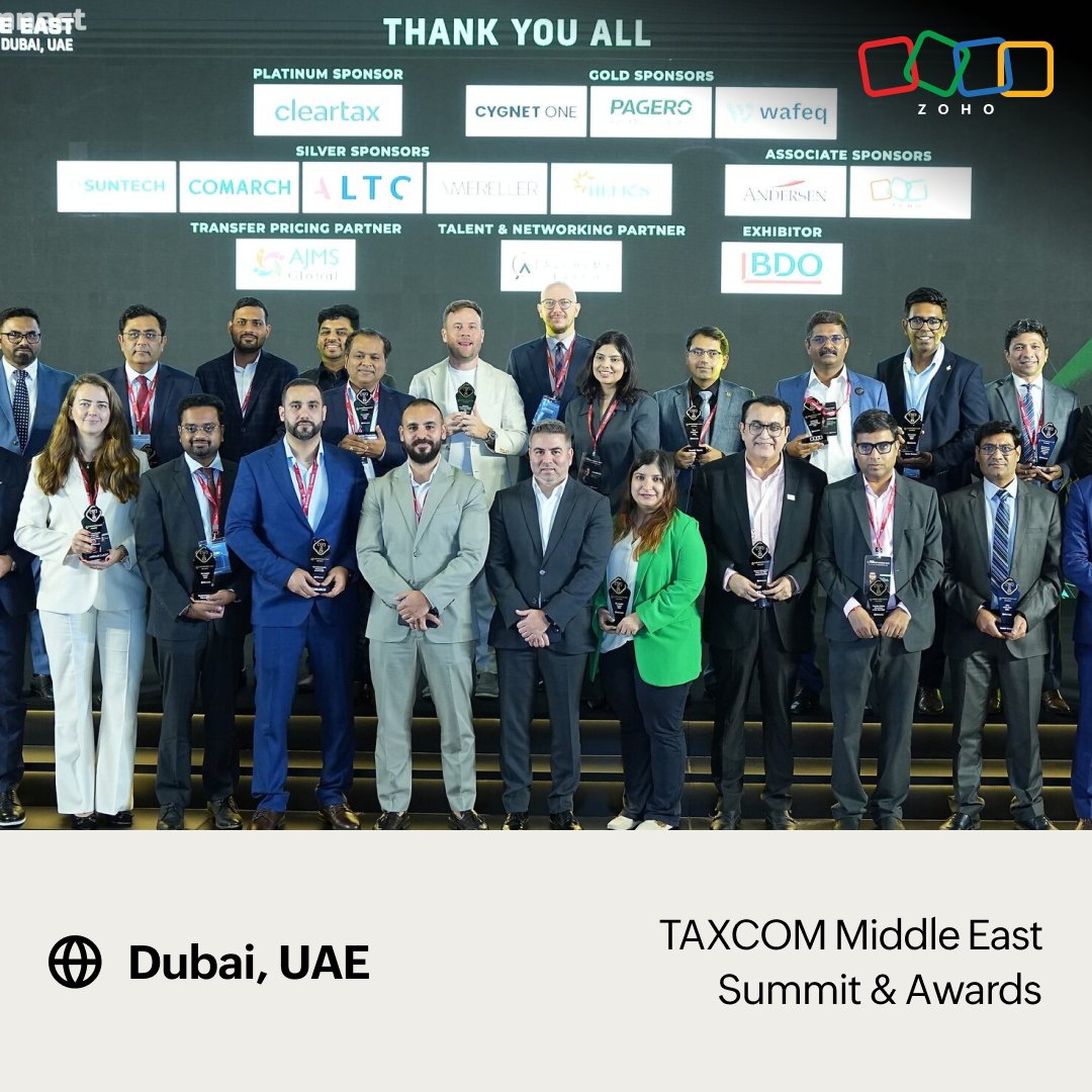 ZohoBooks's tweet image. Excited to share that Zoho Books has been honored with the &quot;Accounting Tech Leader of the Year Award&quot; at @BConnectGlobal &apos;s #TAXCOMMiddleEast 

A big thank you to everyone who supported us in achieving this milestone and to all who visited our booth—we had a fantastic time…